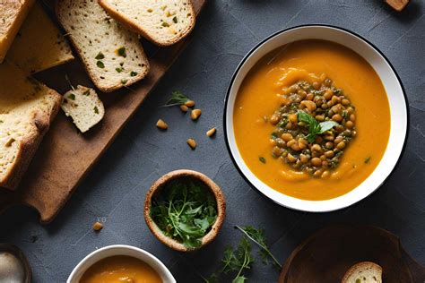 ciotola fumante di zuppa di lenticchie con verdure e pane integrale