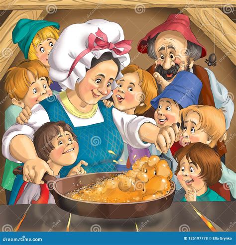 illustrazione di una famiglia contadina che condivide una zuppa di lenticchie