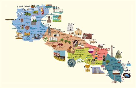 Mappa della Puglia con evidenziate le città principali per la gastronomia